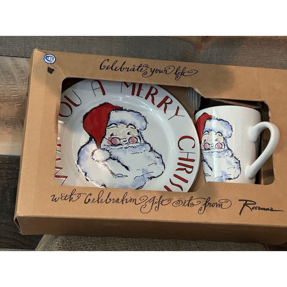 Rosanna Porcelain Christmas SET 8" Plate‎ and Matching 4.5 " Mug Santa gold trim